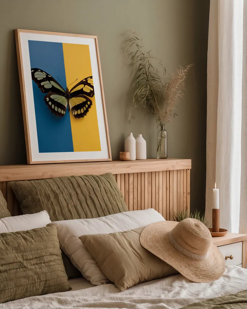 Chromatic Butterfly III by Deborah Revell. shown as a paper print in a natural frame. Available as a archival giclee rolled canvas, fine art paper, or poster print. SKU 96045h.