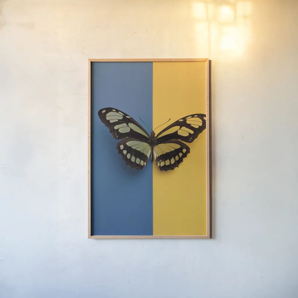 Chromatic Butterfly III by Deborah Revell. shown as a paper print in a natural frame. Available as a archival giclee rolled canvas, fine art paper, or poster print. SKU 96045h.