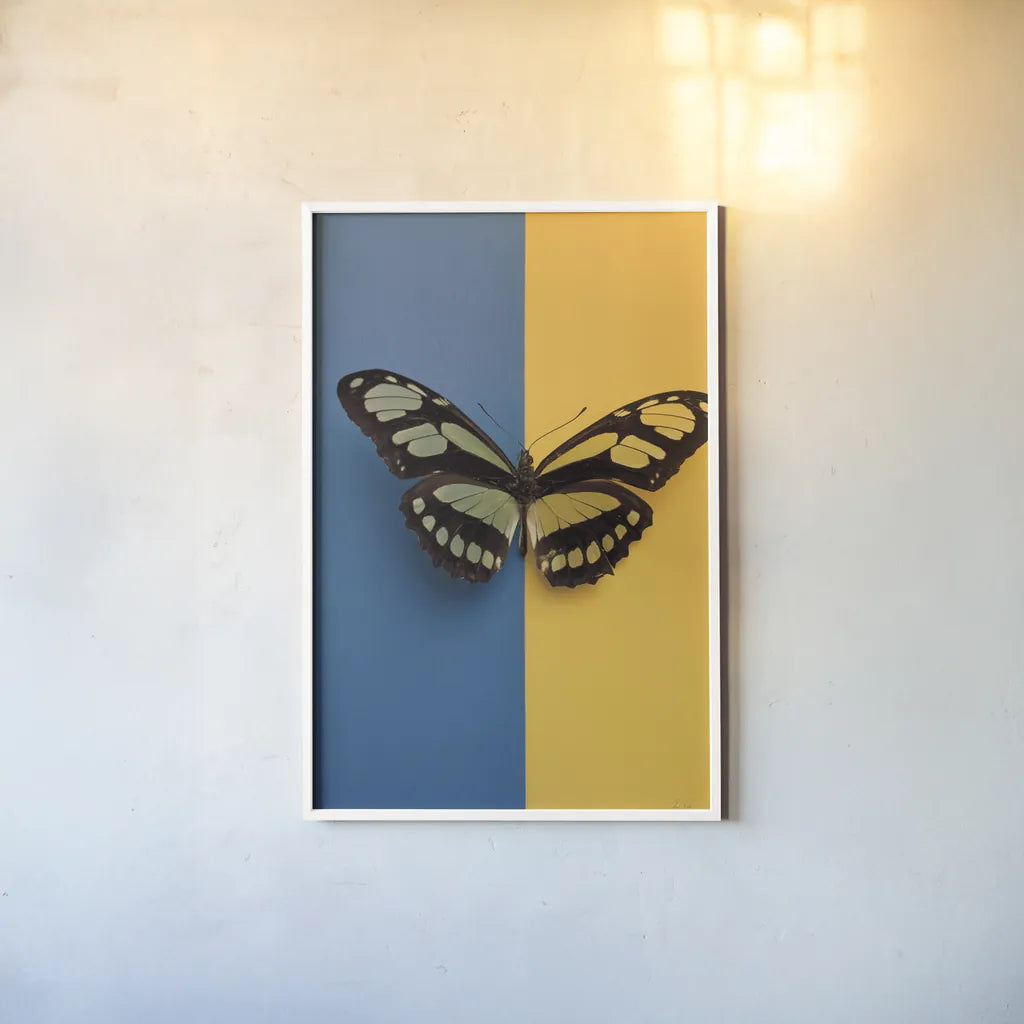 Chromatic Butterfly III by Deborah Revell. shown as a paper print in a white frame. Available as a archival giclee rolled canvas, fine art paper, or poster print. SKU 96045h.