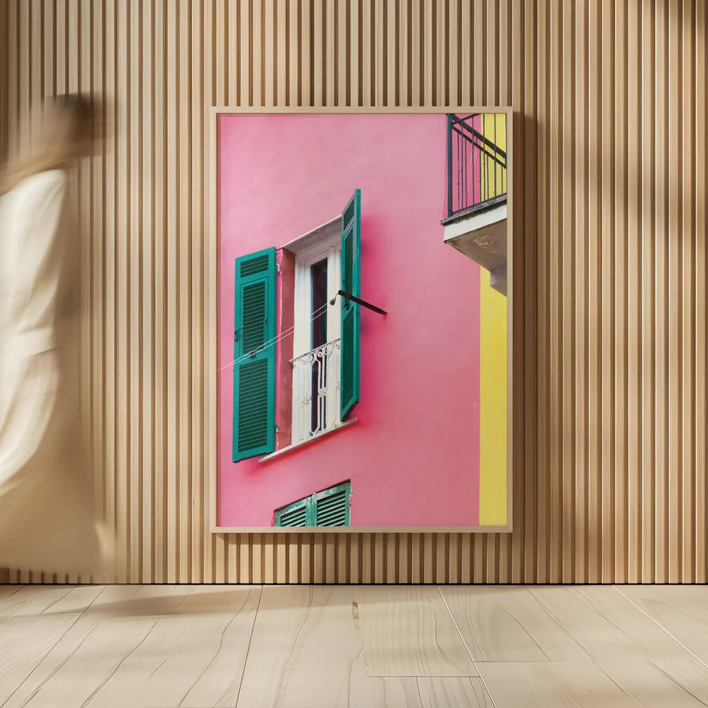 Cinque Terre Pink by Deborah Revell. shown as over sized large wall art. Available as an archival giclee rolled canvas, fine art paper, or poster print. SKU 95016h.