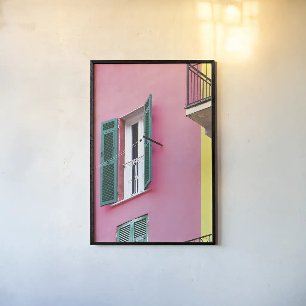 Cinque Terre Pink by Deborah Revell. shown as a paper print in a black flame. Available as a archival giclee rolled canvas, fine art paper, or poster print. SKU 95016h.