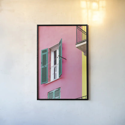 Cinque Terre Pink by Deborah Revell. shown as a paper print in a black flame. Available as a archival giclee rolled canvas, fine art paper, or poster print. SKU 95016h.