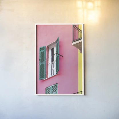 Cinque Terre Pink by Deborah Revell. shown as a paper print in a white frame. Available as a archival giclee rolled canvas, fine art paper, or poster print. SKU 95016h.