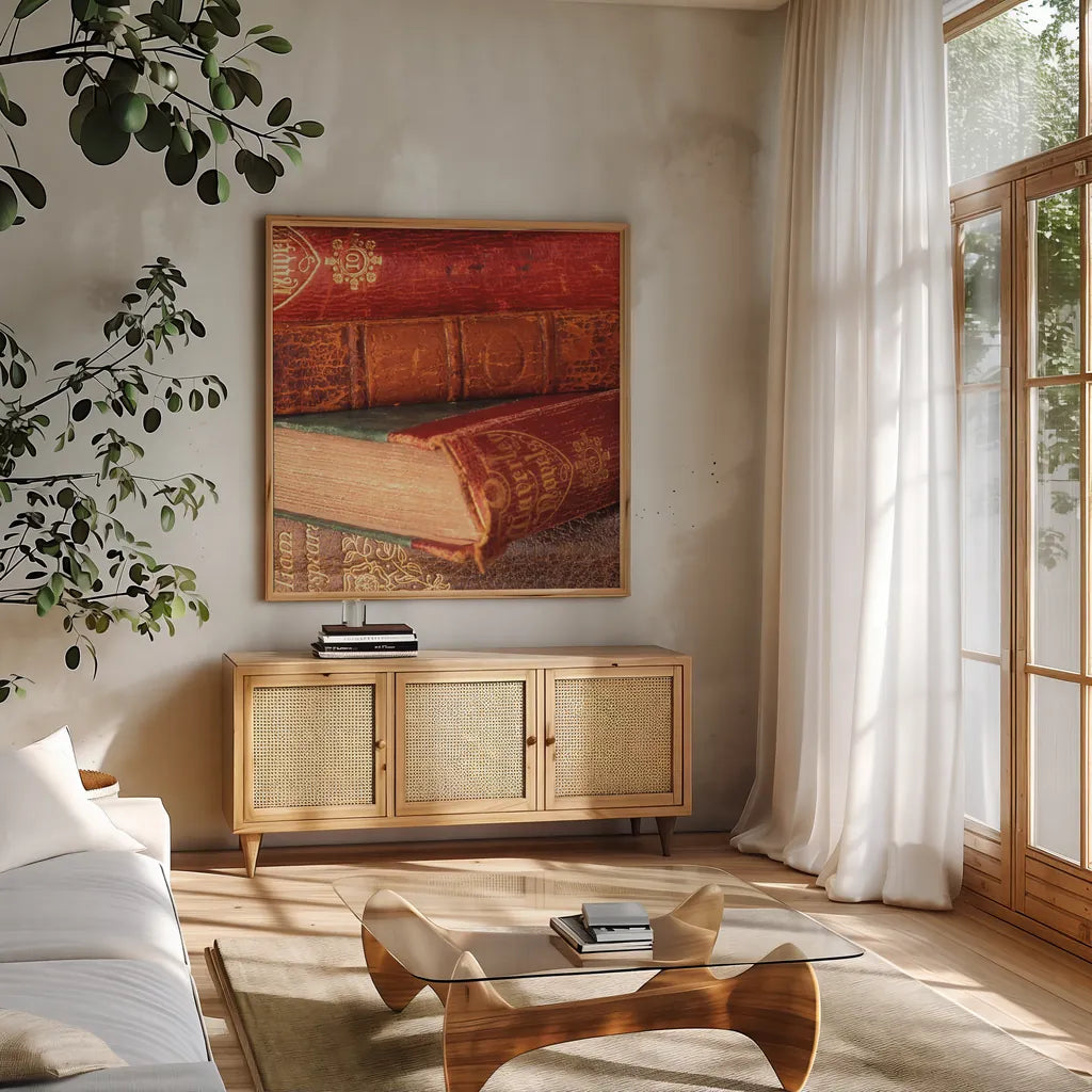 Close Text II by Deborah Revell. Shown in a natural wood frame in a cozy modern living room. Available as an archival giclee rolled canvas, fine art paper, or poster print. SKU 96915a.