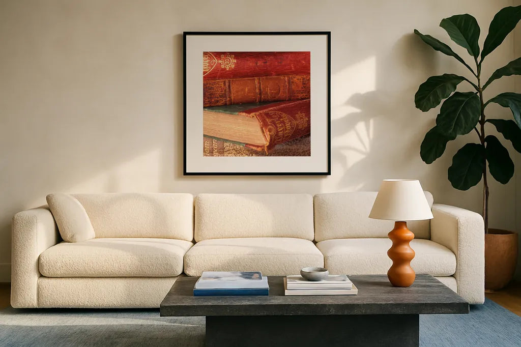 Close Text II by Deborah Revell. Displayed in a glass frame with matte in a clean modern living room. Available as an archival giclee rolled canvas, fine art paper, or poster print. SKU 96915a.