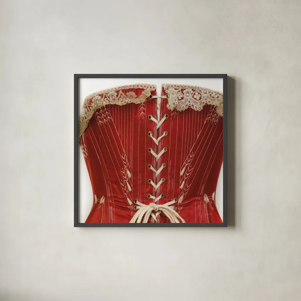 Corset I by Deborah Revell. Shown in a sleek black glass frame for a contemporary gallery look. Available as an archival giclee rolled canvas, fine art paper, or poster print. SKU 92283a.