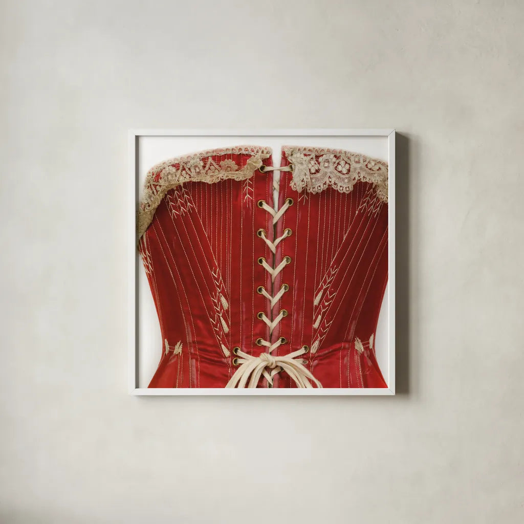 Corset I by Deborah Revell. Shown in a crisp white glass frame for a clean and minimalist style. Available as an archival giclee rolled canvas, fine art paper, or poster print. SKU 92283a.