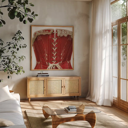 Corset I by Deborah Revell. Shown in a natural wood frame in a cozy modern living room. Available as an archival giclee rolled canvas, fine art paper, or poster print. SKU 92283a.
