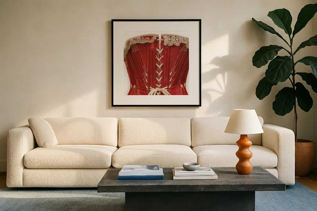 Corset I by Deborah Revell. Displayed in a glass frame with matte in a clean modern living room. Available as an archival giclee rolled canvas, fine art paper, or poster print. SKU 92283a.