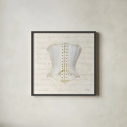 Corset II by Deborah Revell. Shown in a sleek black glass frame for a contemporary gallery look. Available as an archival giclee rolled canvas, fine art paper, or poster print. SKU 92284a.