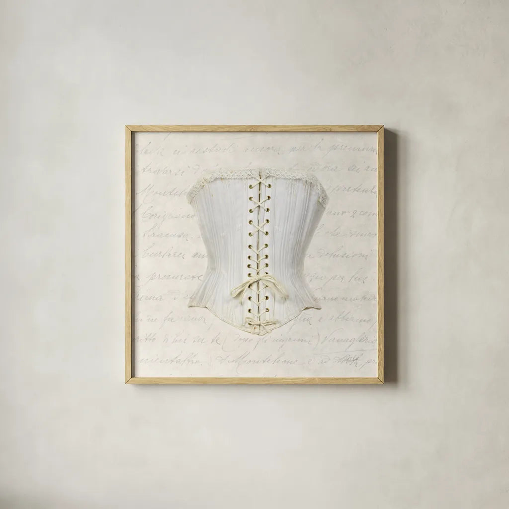 Corset II by Deborah Revell. Shown in a natural wood glass frame for a timeless modern aesthetic. Available as an archival giclee rolled canvas, fine art paper, or poster print. SKU 92284a.