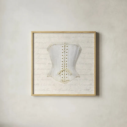 Corset II by Deborah Revell. Shown in a natural wood glass frame for a timeless modern aesthetic. Available as an archival giclee rolled canvas, fine art paper, or poster print. SKU 92284a.