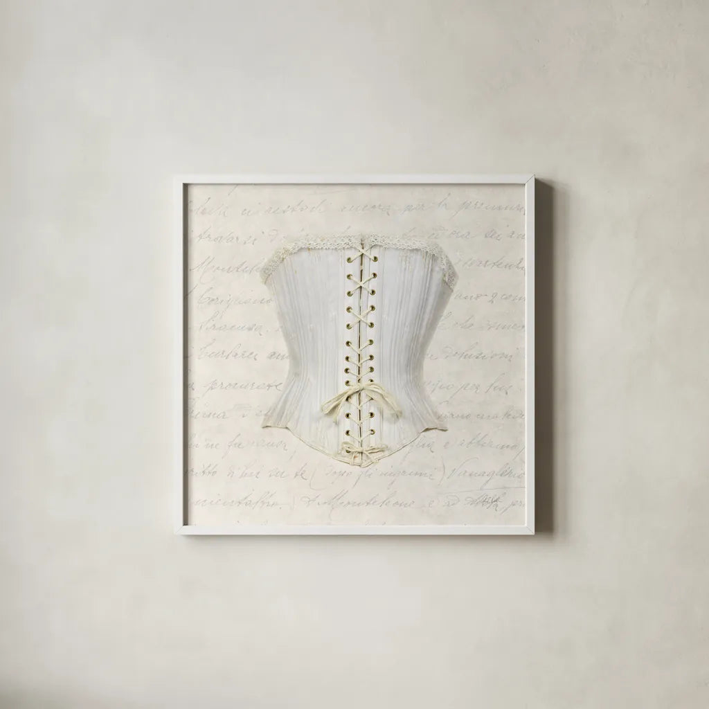 Corset II by Deborah Revell. Shown in a crisp white glass frame for a clean and minimalist style. Available as an archival giclee rolled canvas, fine art paper, or poster print. SKU 92284a.