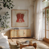 Corset IV by Deborah Revell. Shown in a natural wood frame in a cozy modern living room. Available as an archival giclee rolled canvas, fine art paper, or poster print. SKU 92286a.