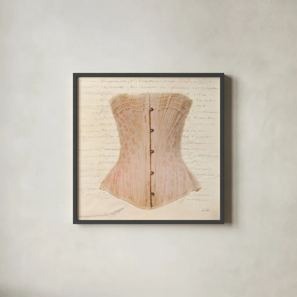 Corset VI by Deborah Revell. Shown in a sleek black glass frame for a contemporary gallery look. Available as an archival giclee rolled canvas, fine art paper, or poster print. SKU 92288a.