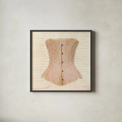 Corset VI by Deborah Revell. Shown in a sleek black glass frame for a contemporary gallery look. Available as an archival giclee rolled canvas, fine art paper, or poster print. SKU 92288a.