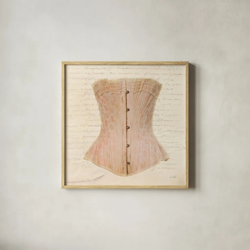 Corset VI by Deborah Revell. Shown in a natural wood glass frame for a timeless modern aesthetic. Available as an archival giclee rolled canvas, fine art paper, or poster print. SKU 92288a.