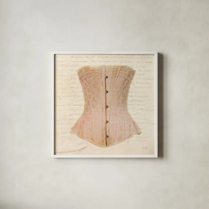 Corset VI by Deborah Revell. Shown in a crisp white glass frame for a clean and minimalist style. Available as an archival giclee rolled canvas, fine art paper, or poster print. SKU 92288a.