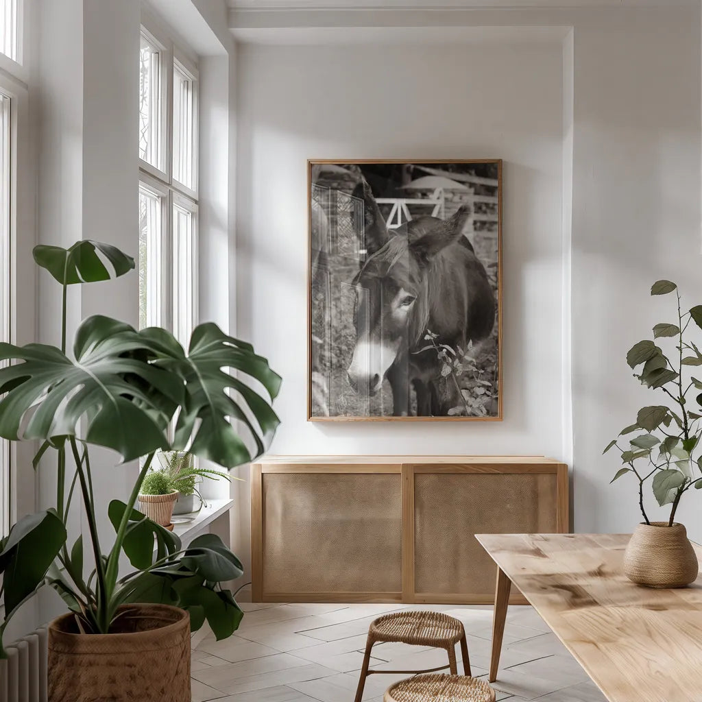 Cottage Donkey III by Deborah Revell. shown as a print in a natural wood frame in a dining room. Available as a archival giclee rolled canvas, fine art paper, or poster print. SKU 100061h.