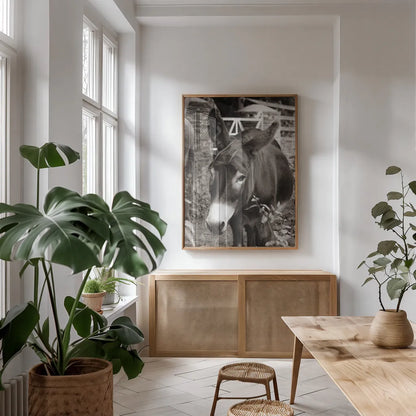 Cottage Donkey III by Deborah Revell. shown as a print in a natural wood frame in a dining room. Available as a archival giclee rolled canvas, fine art paper, or poster print. SKU 100061h.