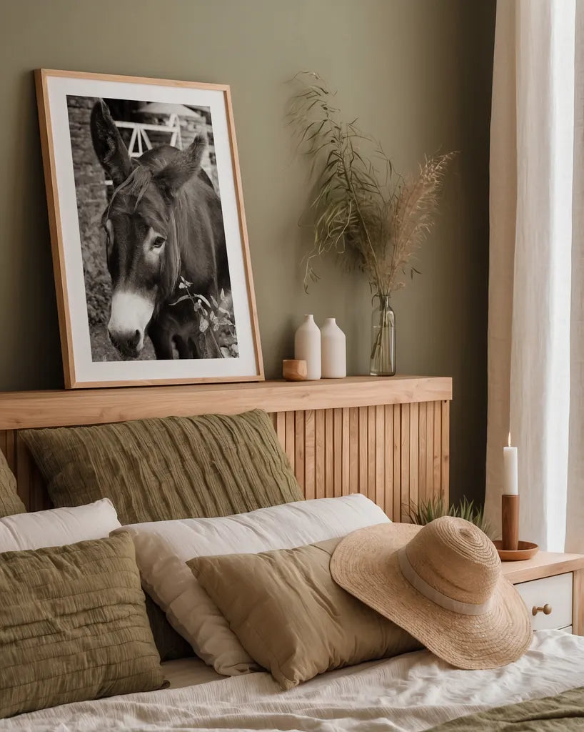 Cottage Donkey III by Deborah Revell. shown as a paper print in a natural frame. Available as a archival giclee rolled canvas, fine art paper, or poster print. SKU 100061h.