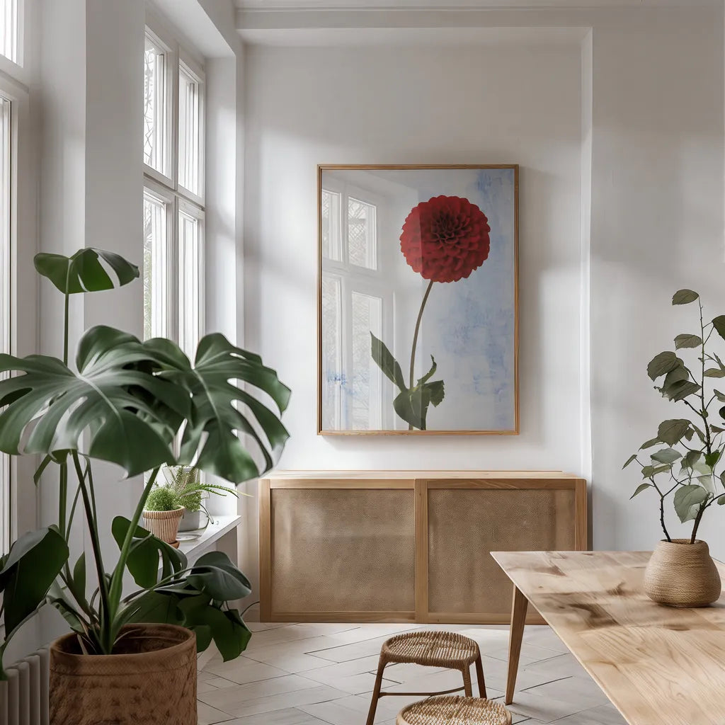 Dahlia I by Deborah Revell. shown as a print in a natural wood frame in a dining room. Available as a archival giclee rolled canvas, fine art paper, or poster print. SKU 96171h.