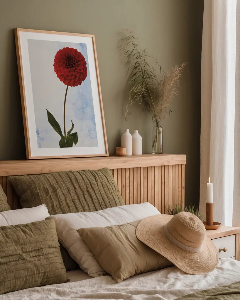 Dahlia I by Deborah Revell. shown as a paper print in a natural frame. Available as a archival giclee rolled canvas, fine art paper, or poster print. SKU 96171h.