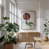 Dahlia III by Deborah Revell. shown as a print in a natural wood frame in a dining room. Available as a archival giclee rolled canvas, fine art paper, or poster print. SKU 96173h.