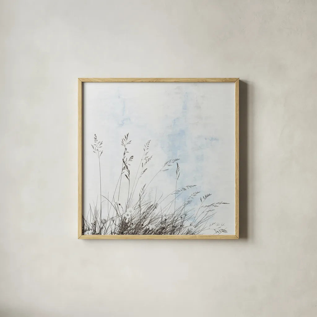 Daisy Meadow by Deborah Revell. Shown in a natural wood glass frame for a timeless modern aesthetic. Available as an archival giclee rolled canvas, fine art paper, or poster print. SKU 93435a.