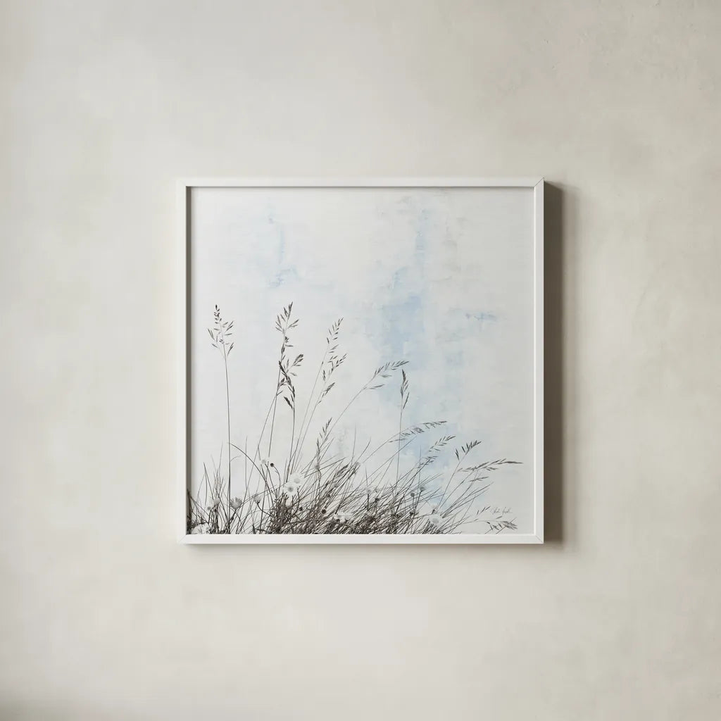 Daisy Meadow by Deborah Revell. Shown in a crisp white glass frame for a clean and minimalist style. Available as an archival giclee rolled canvas, fine art paper, or poster print. SKU 93435a.
