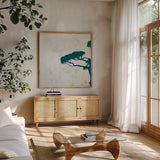 Dartington Tree I by Deborah Revell. Shown in a natural wood frame in a cozy modern living room. Available as an archival giclee rolled canvas, fine art paper, or poster print. SKU 94275a.