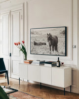 Dartmoor Ponies I by Deborah Revell. shown as a framed stretched canvas in a living room above a console. Available as a archival giclee rolled canvas, fine art paper, or poster print. SKU 94277i.