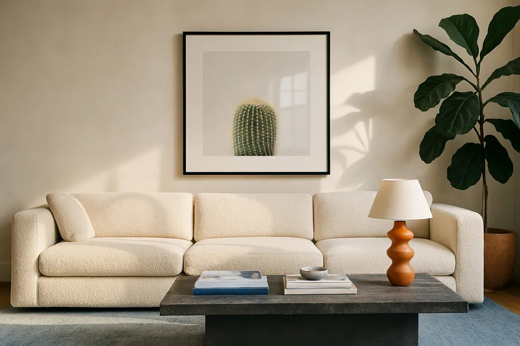 Desert Treasures I by Deborah Revell. Displayed in a glass frame with matte in a clean modern living room. Available as an archival giclee rolled canvas, fine art paper, or poster print. SKU 94579a.