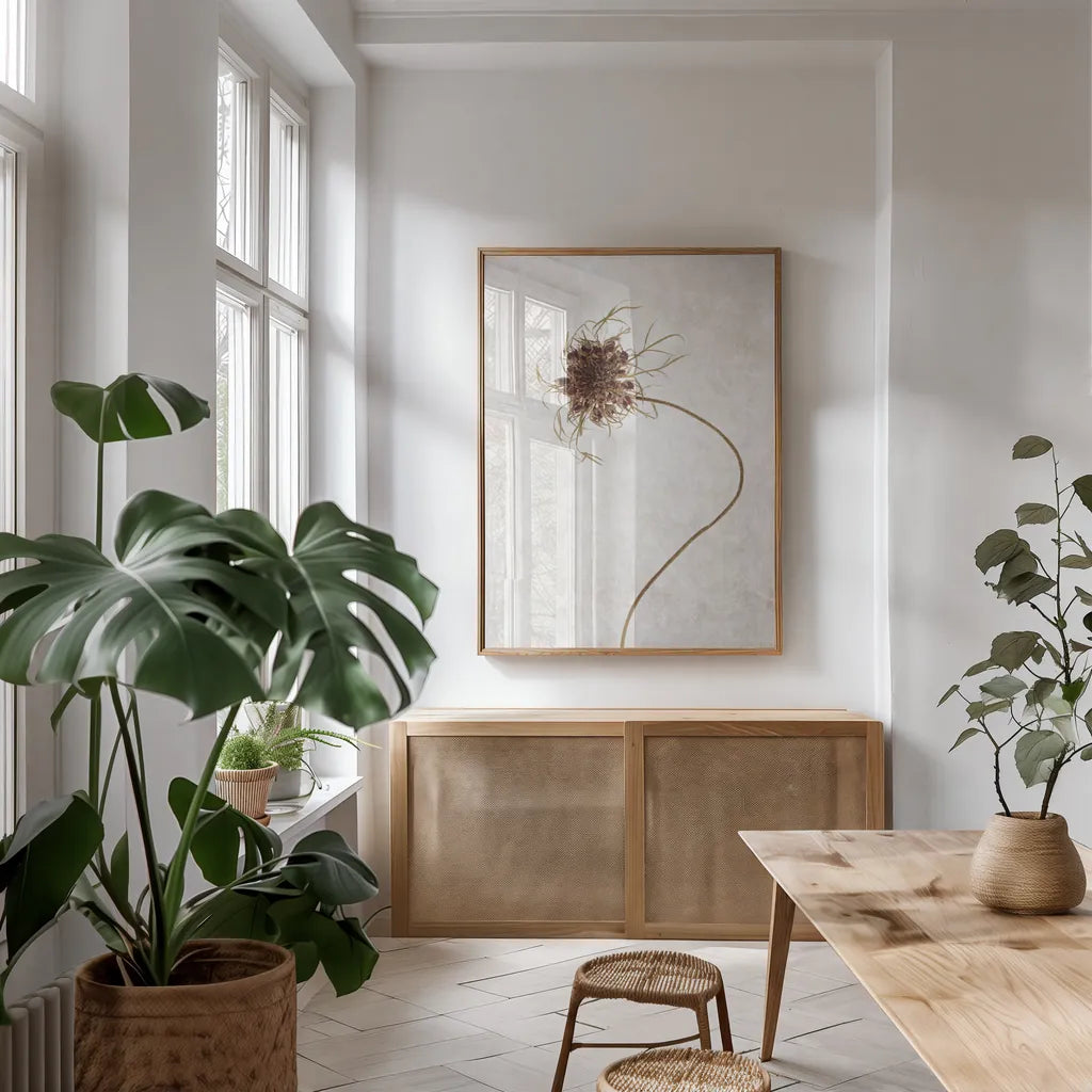 Dried Flower I by Deborah Revell. shown as a print in a natural wood frame in a dining room. Available as a archival giclee rolled canvas, fine art paper, or poster print. SKU 93396h.