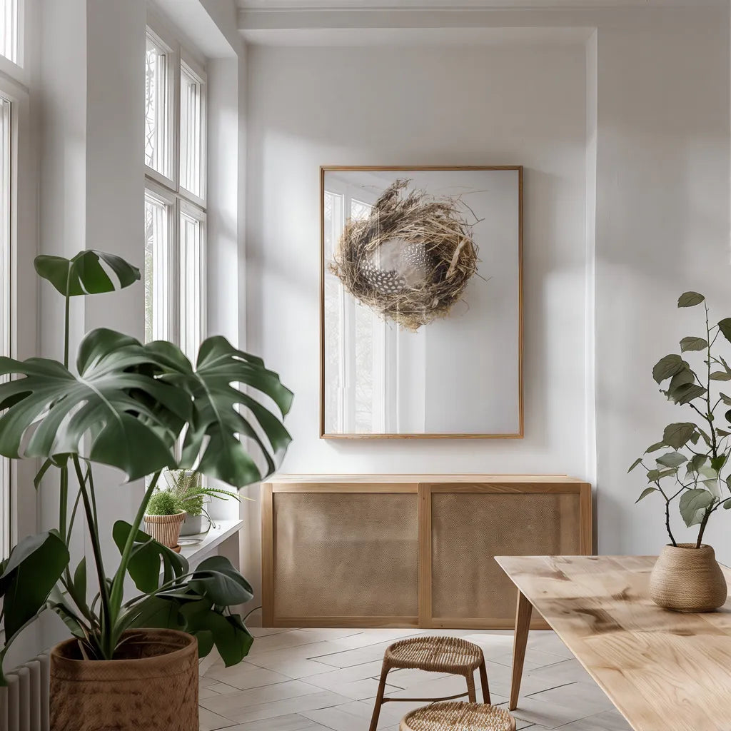 Empty Nest by Deborah Revell. shown as a print in a natural wood frame in a dining room. Available as a archival giclee rolled canvas, fine art paper, or poster print. SKU 93398h.