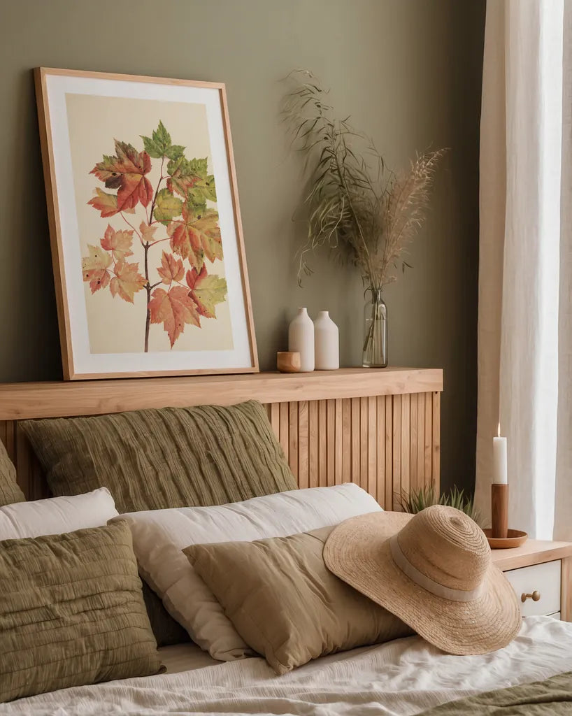 Fall Leaves II Muted by Deborah Revell. shown as a paper print in a natural frame. Available as a archival giclee rolled canvas, fine art paper, or poster print. SKU 98637h.