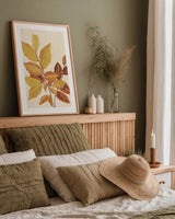 Fall Leaves IV Muted by Deborah Revell. shown as a paper print in a natural frame. Available as a archival giclee rolled canvas, fine art paper, or poster print. SKU 98639h.