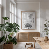 Fern Noir II by Deborah Revell. shown as a print in a natural wood frame in a dining room. Available as a archival giclee rolled canvas, fine art paper, or poster print. SKU 96598h.