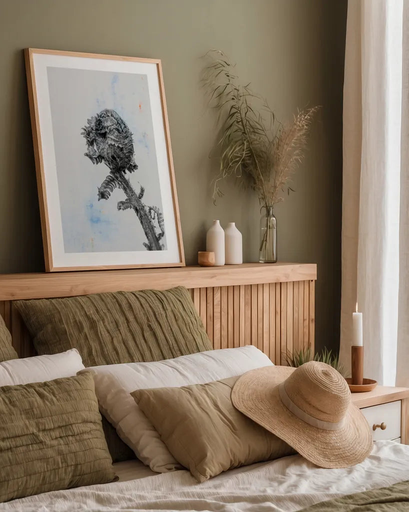 Fiddle Fern V by Deborah Revell. shown as a paper print in a natural frame. Available as a archival giclee rolled canvas, fine art paper, or poster print. SKU 94830h.