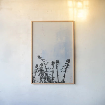 Fiddle Fern VII by Deborah Revell. shown as a paper print in a natural frame. Available as a archival giclee rolled canvas, fine art paper, or poster print. SKU 94832h.