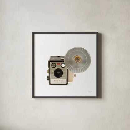 Flash Bulb Camera by Deborah Revell. Shown in a sleek black glass frame for a contemporary gallery look. Available as an archival giclee rolled canvas, fine art paper, or poster print. SKU 92066a.