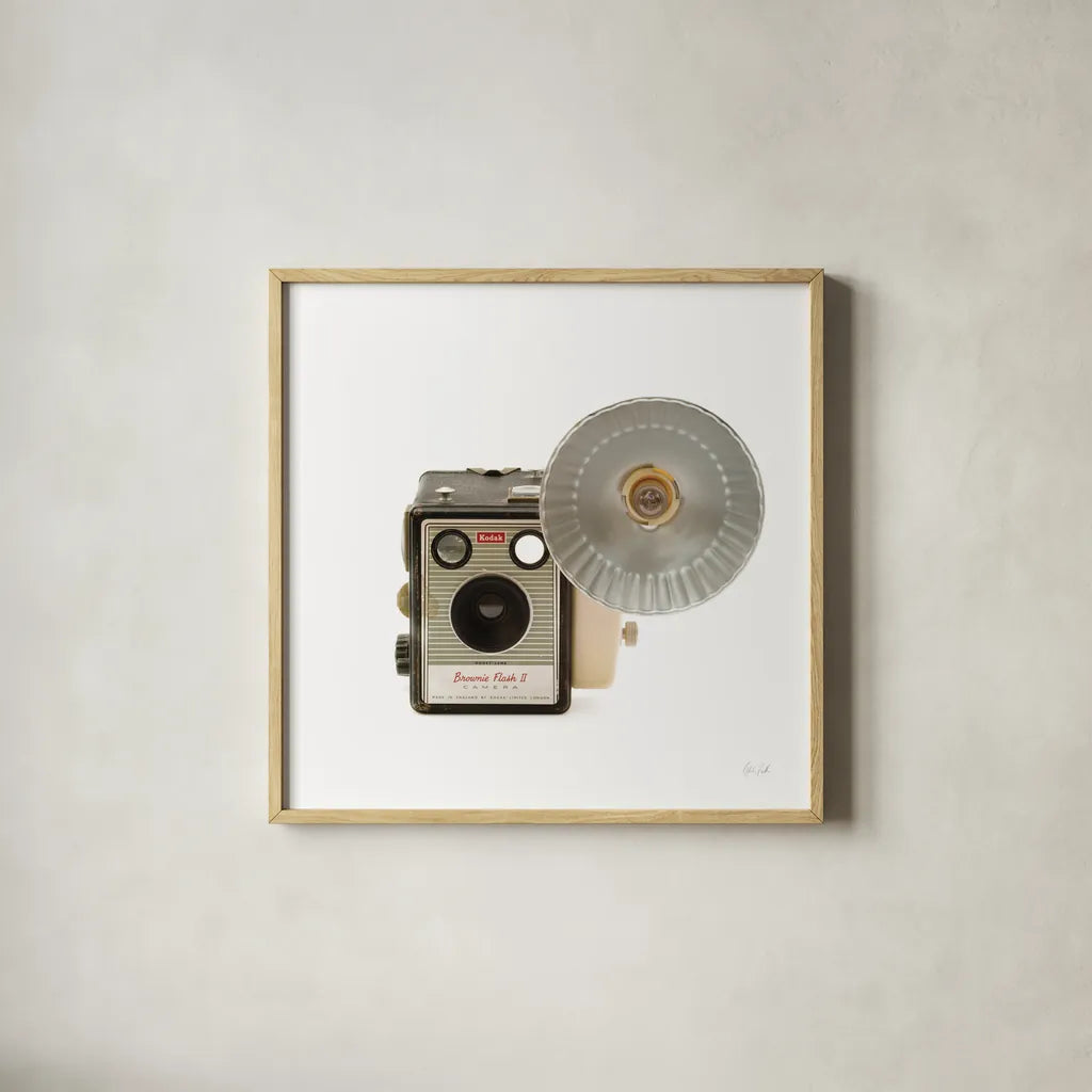 Flash Bulb Camera by Deborah Revell. Shown in a natural wood glass frame for a timeless modern aesthetic. Available as an archival giclee rolled canvas, fine art paper, or poster print. SKU 92066a.