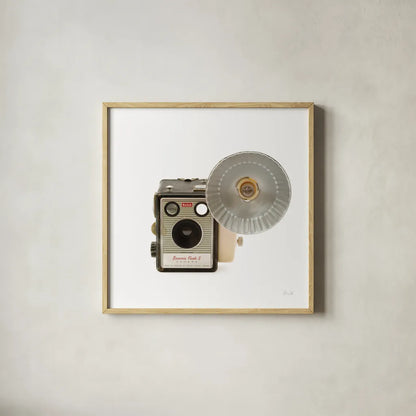 Flash Bulb Camera by Deborah Revell. Shown in a natural wood glass frame for a timeless modern aesthetic. Available as an archival giclee rolled canvas, fine art paper, or poster print. SKU 92066a.