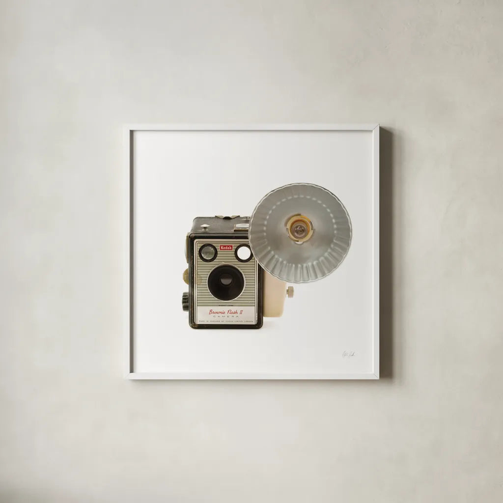 Flash Bulb Camera by Deborah Revell. Shown in a crisp white glass frame for a clean and minimalist style. Available as an archival giclee rolled canvas, fine art paper, or poster print. SKU 92066a.