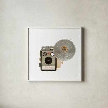 Flash Bulb Camera by Deborah Revell. Shown in a crisp white glass frame for a clean and minimalist style. Available as an archival giclee rolled canvas, fine art paper, or poster print. SKU 92066a.
