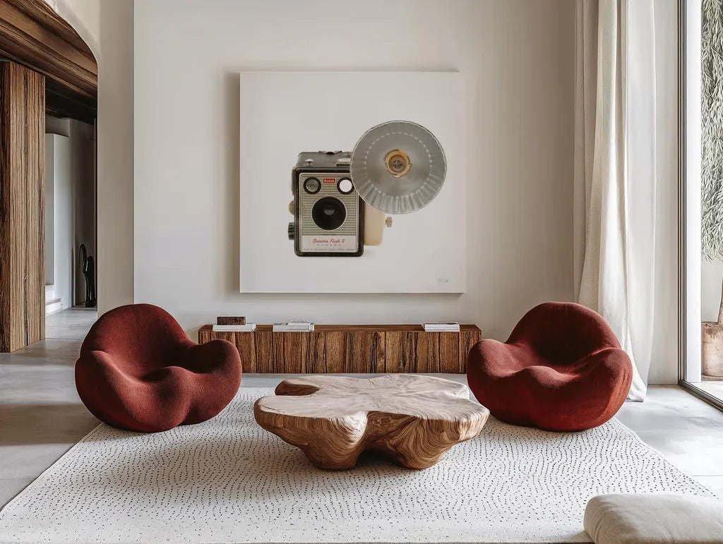 Flash Bulb Camera by Deborah Revell. Shown as extra-large giant wall art in a modern living room. Available as an archival giclee rolled canvas, fine art paper, or poster print. SKU 92066a.