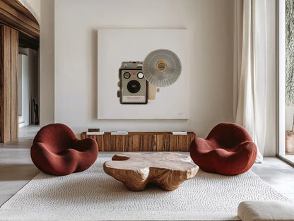 Flash Bulb Camera by Deborah Revell. Shown as extra-large giant wall art in a modern living room. Available as an archival giclee rolled canvas, fine art paper, or poster print. SKU 92066a.