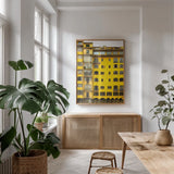 Florence Yellow by Deborah Revell. shown as a print in a natural wood frame in a dining room. Available as a archival giclee rolled canvas, fine art paper, or poster print. SKU 95015h.