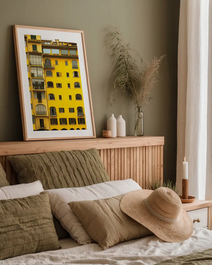 Florence Yellow by Deborah Revell. shown as a paper print in a natural frame. Available as a archival giclee rolled canvas, fine art paper, or poster print. SKU 95015h.