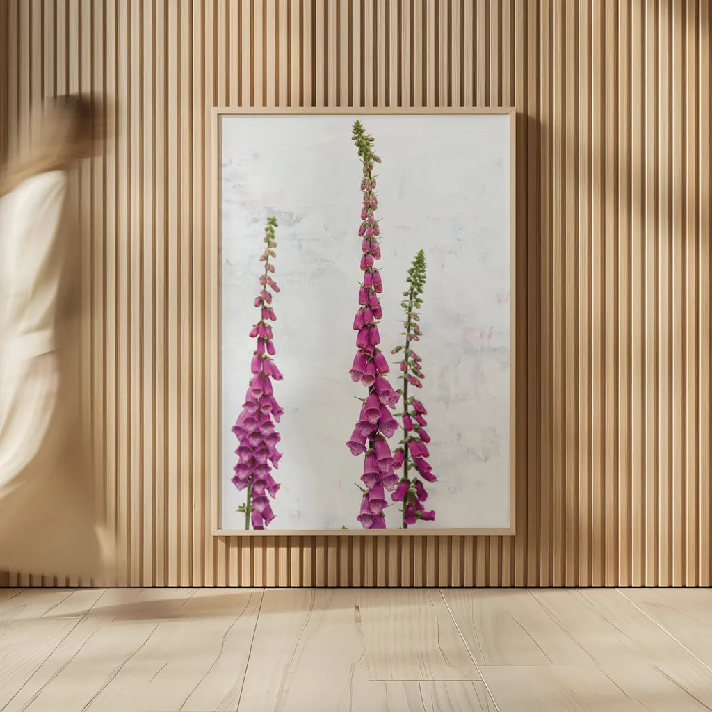 Foxgloves by Deborah Revell. shown as over sized large wall art. Available as an archival giclee rolled canvas, fine art paper, or poster print. SKU 93428h.